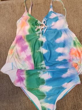 Rosegal Pastel Tie-Dye Swim Set in Blue and Pink